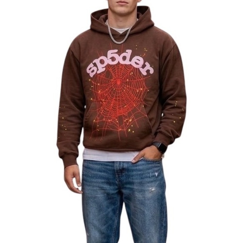 sp5der Brown‎ Graphic Print Bubble Logo Hooded Fleece Pullover Men's Small